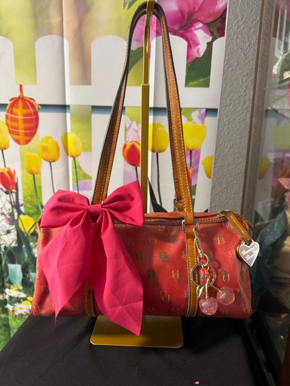 Dooney & Bourke Red Logo Shoulder Bag with Pink Bow